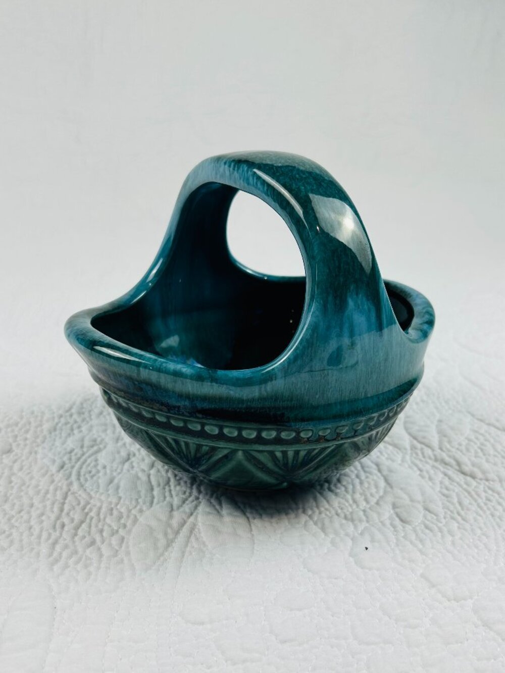 Hull | Vintage Pottery F24 basket-style planter in a blue-green drip glaze